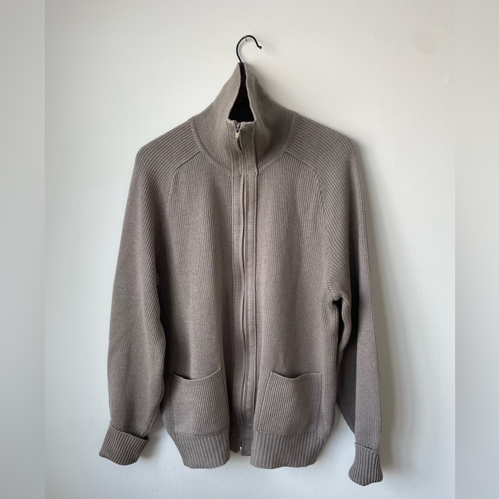 Grandpa Wool Full-Zip Sweater with Collar - unisex mens womens Oatmeal Greige